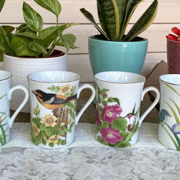 OTAGIRI Japan Floral Birds Mug - Set of 4, Gold Rim, Gibson Greeting Design - Picture 3 of 9